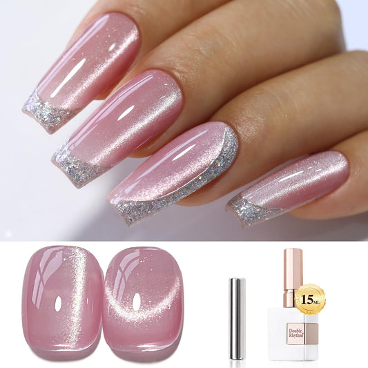 Double Rhythm 0.5 OZ Cat Eye Gel Polish with Magnet 15ML Holographic Glitter Shimmer Translucent Jelly Color Magnetic Polish Salon DIY at Home (MC1058) | alldaygood beauty