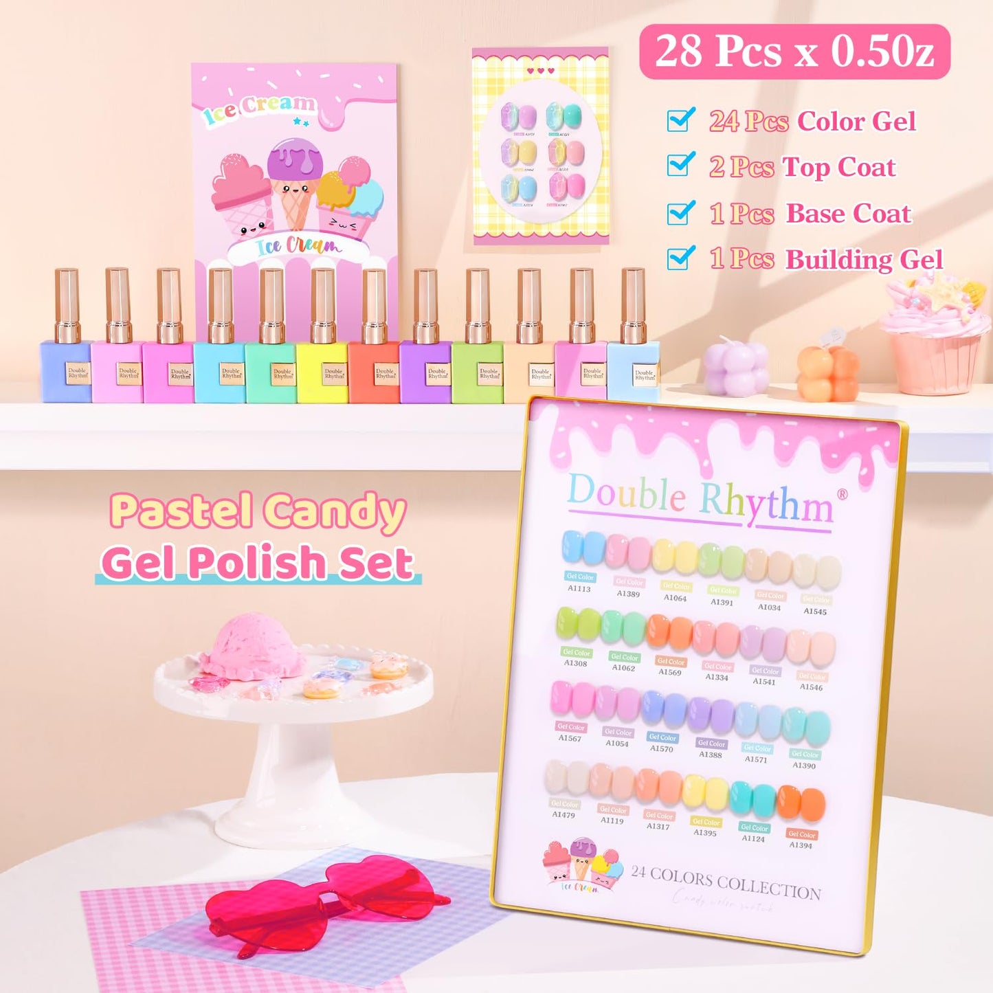 Double Rhythm 28Pcs 0.5Oz Gel Nail Polish Set Same Color Same Bottle Soak Off Gel Polish Kit Nail Art Manicure Salon DIY at Home for Women (Pastel Candy Collection-T24-5)