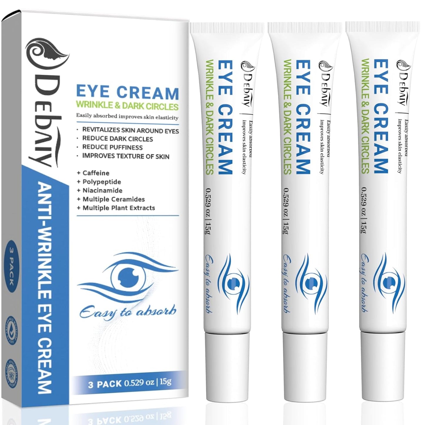 3 Pack Anti-Wrinkle Eye Cream with Caffeine & Peptides - Reduces Dark Circles & Puffiness, Improves Skin Texture (Each 0.529oz | 15g)