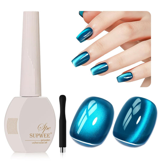 Blue Cat Eye Gel Nail Polish, 15ML Jelly Glass CatEye Magnetic Gel with Magnetic Stick Shimmer Glitter Effect Soak Off Salon DIY at Home | alldaygood beauty
