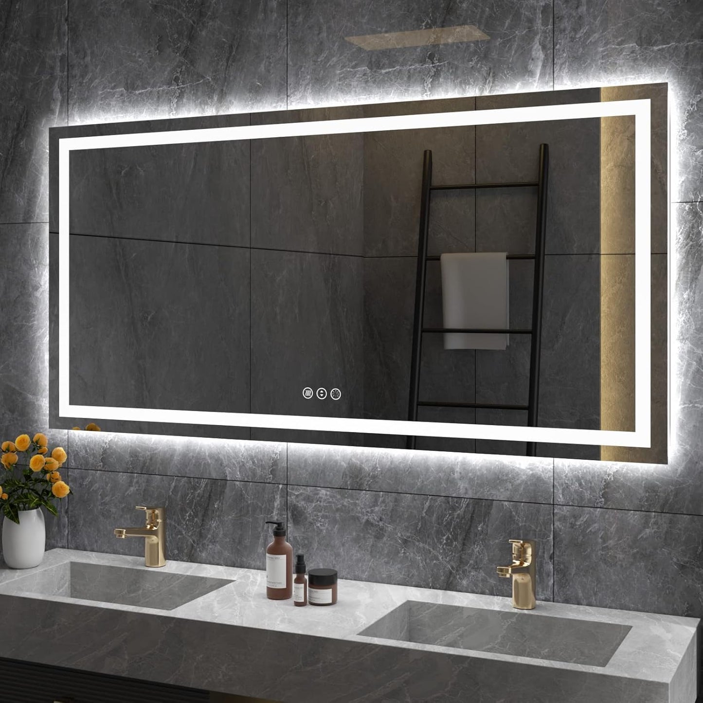Amorho LED Bathroom Mirror 60" X32" with Front and Backlight, Stepless Dimmable Wall Mirrors with Anti-Fog, Shatter-Proof, Memory, 3 Colors, Double LED Vanity Mirror