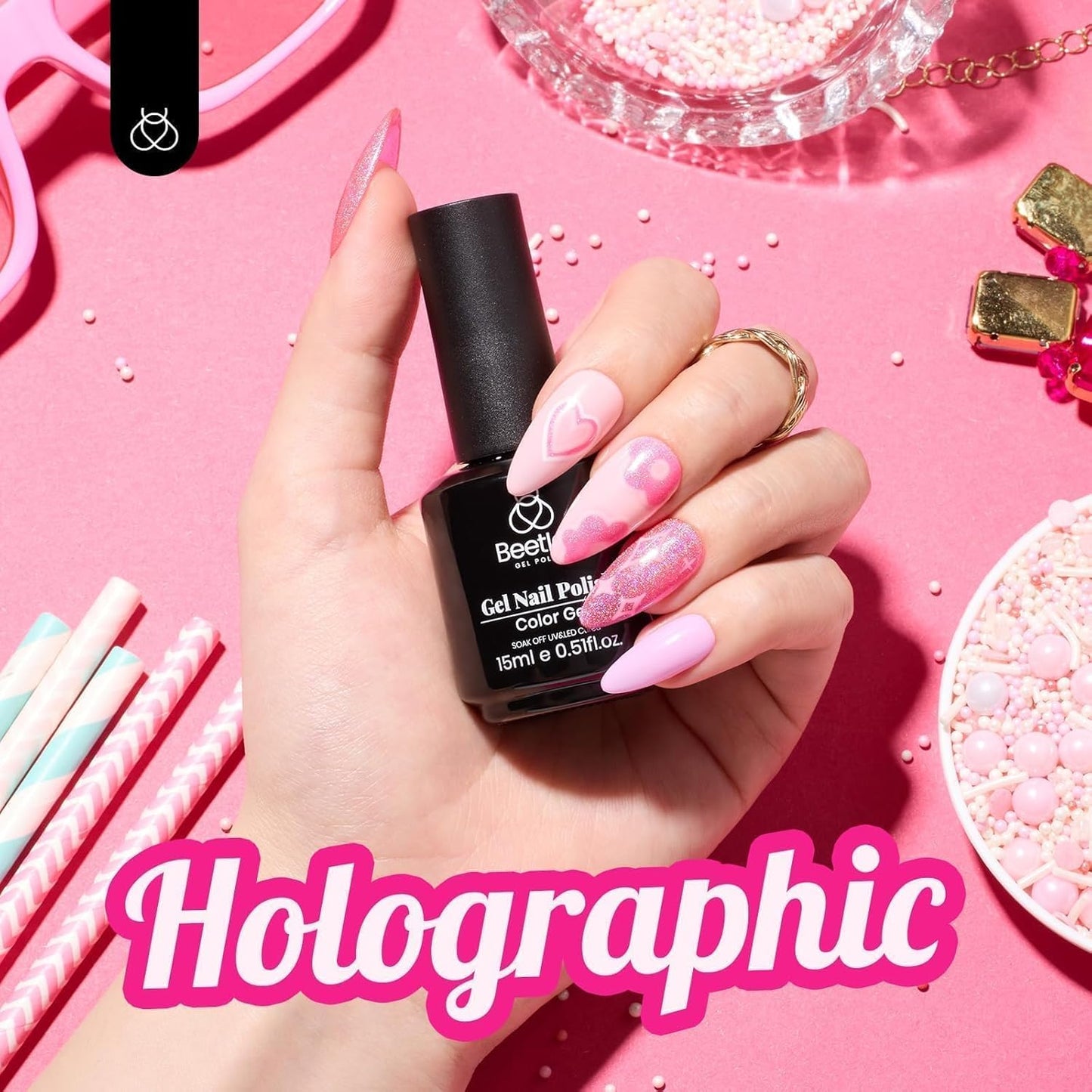 Beetles Pink Glitter Gel Polish – Paradise Twilight Gel Nail Polish, Reflective Glitter Shimmer Pink Flash Dimond Mermaid Unicorn Effect Soak Off UV LED 15ml