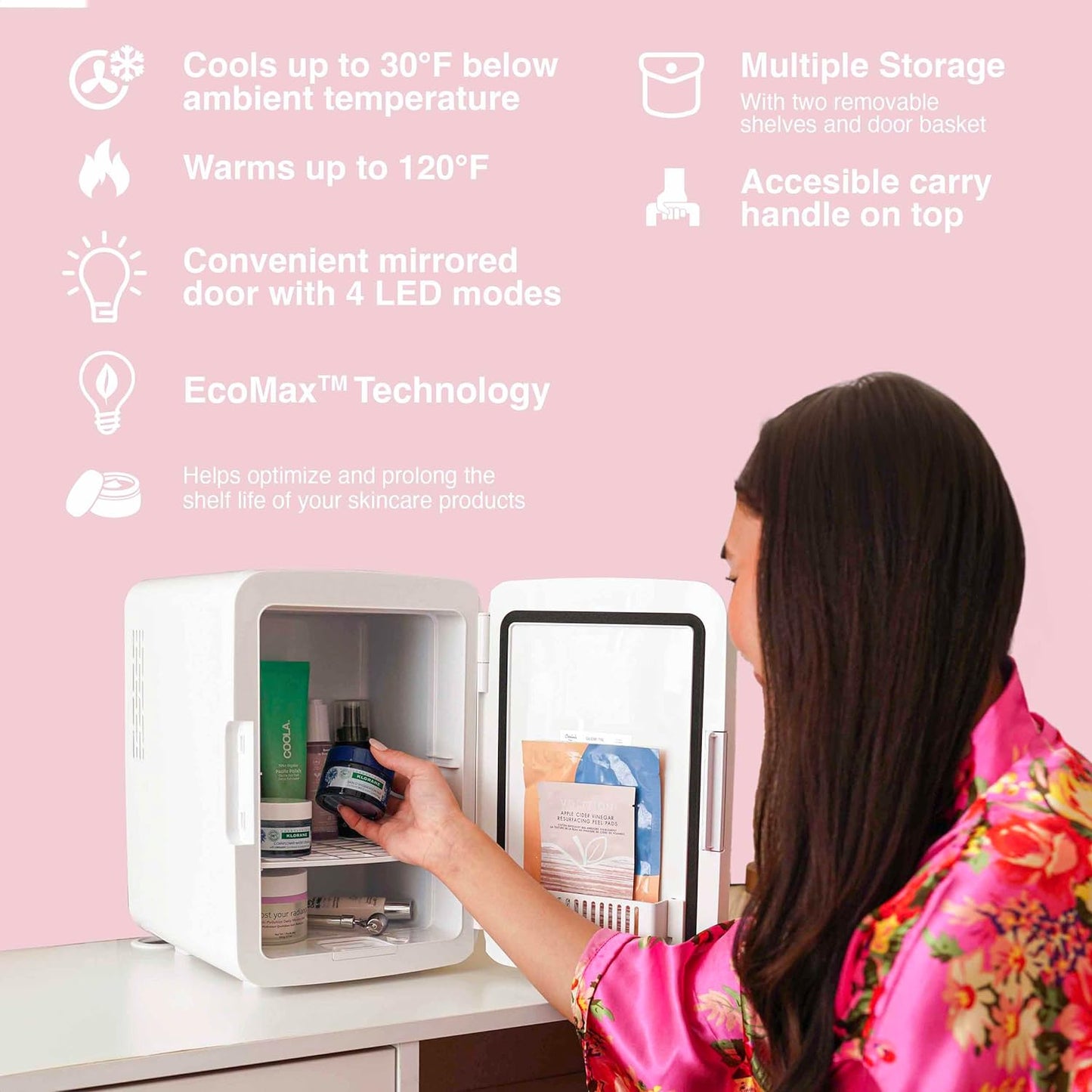 Cooluli Glow 10L Mini Skincare Fridge with Mirror & LED Light - Small Refrigerator for Skin Care, Makeup, Beauty, Cosmetics, Food & Drinks, White