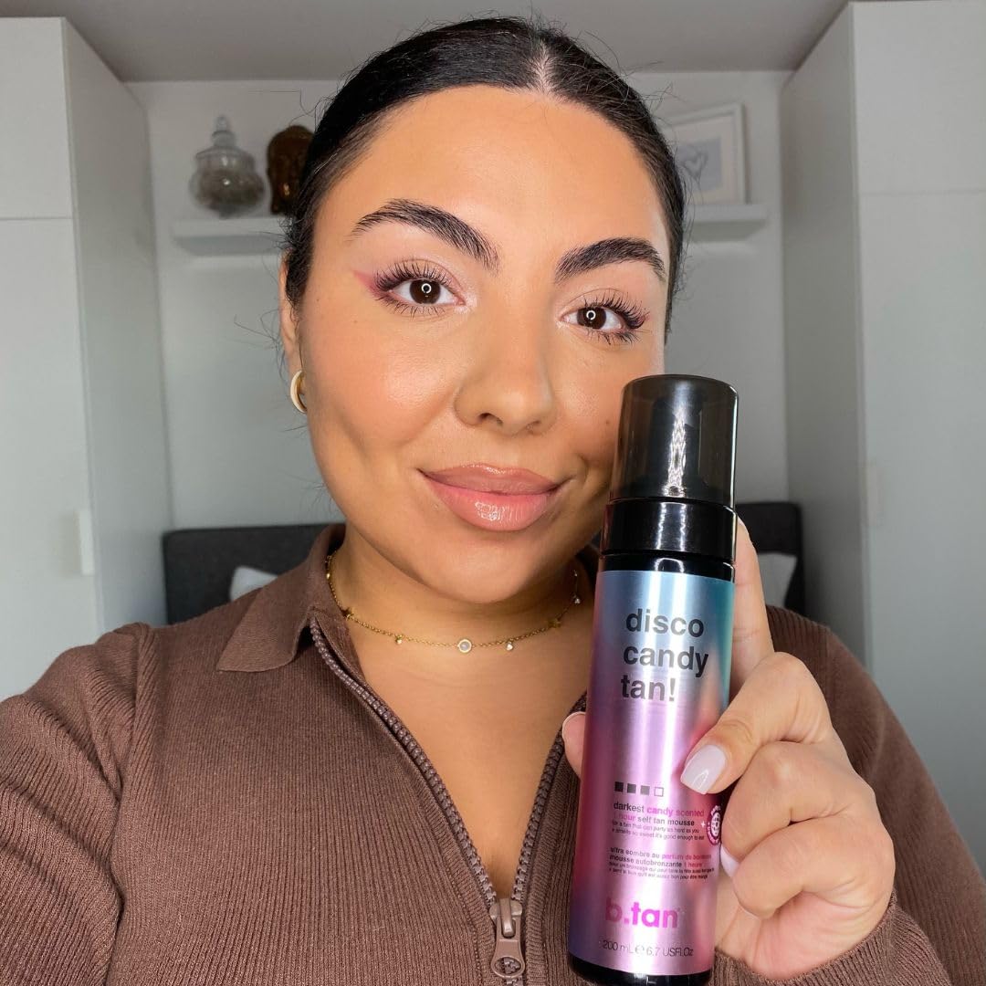 b.tan Dark Self Tanner Mousse | Disco Candy Tan - Best, 1 Hour Express Sunless Tanning Foam, Candy-Scented, Sweat-Proof & Transfer Resistant, No Fake Tan Smell, Vegan, Cruelty Free, 6.7 Fl Oz