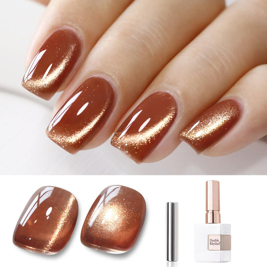 Double Rhythm 15ML Ice Glass Cat Eye Gel Polish with Magnet Holographic Glitter Shimmer Translucent Sheer Color Salon Soak Off Magnetic Nail at Home (Tea Gold-MC1123) | alldaygood beauty