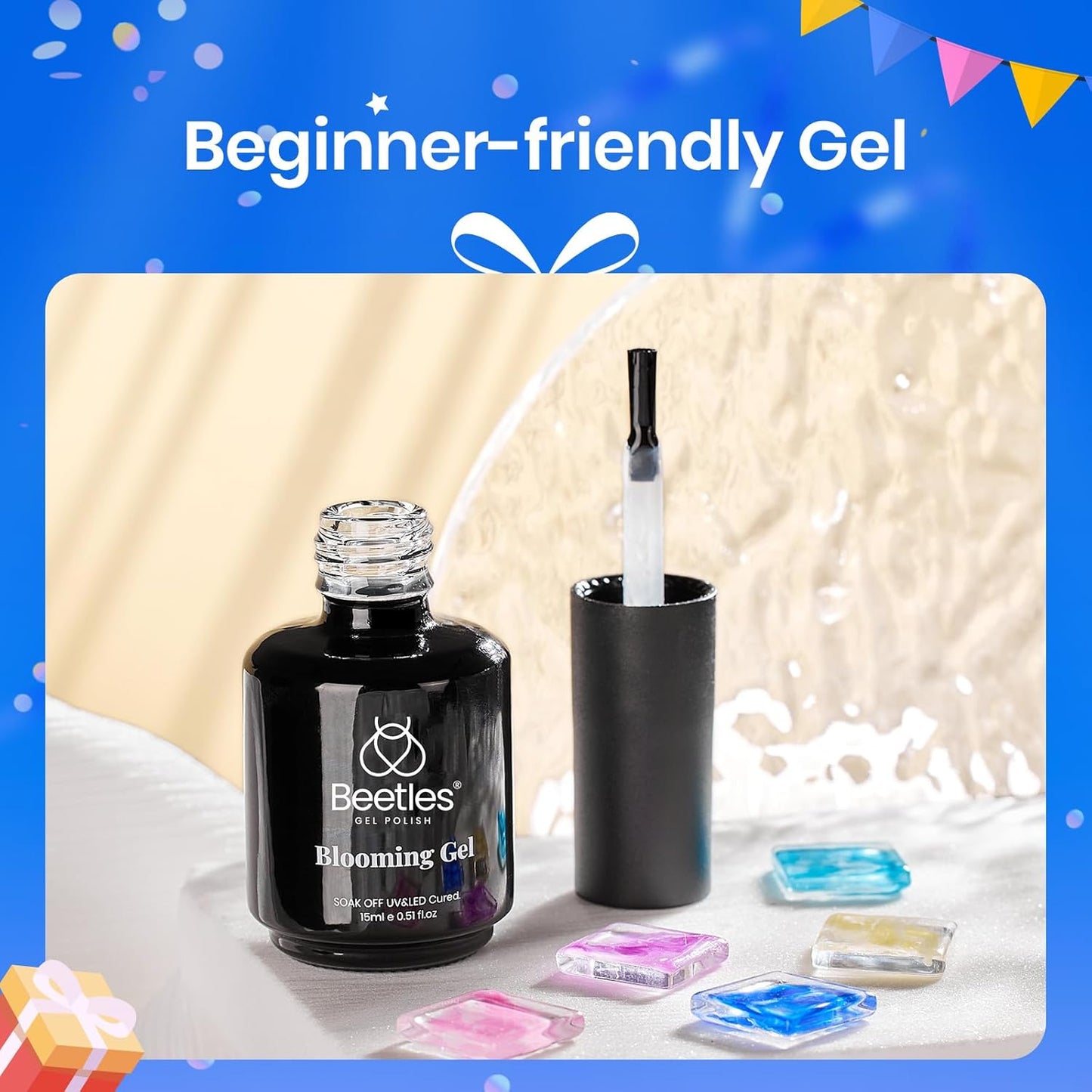 Beetles Blooming Gel & Base Top Coat Set, 3PCS 15ML Shine Finish Long Lasting No Wipe Top Coat Gel Nail Polish Base Spreading Marble Effect Soak off UV LED Nail Art Gifts for Women