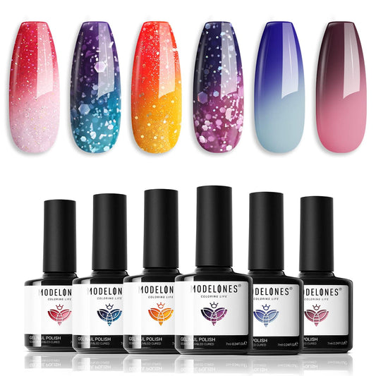 modelones Color Changing Gel Nail Polish Set, 6 Colors Red Pink Glitter Blue Purple Mood Temperature Change Nail Polish Gel Set Soak Off Nail Art Gel DIY Salon Manicure Gift | alldaygood beauty