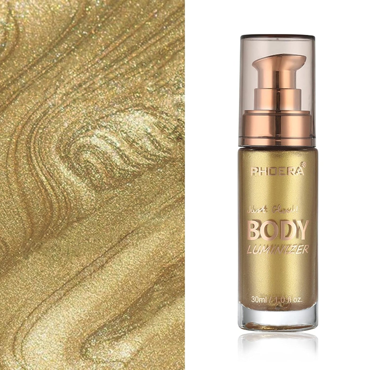Body Shimmer Oil, Waterproof Long Lasting Moisturizing Bronze Body Luminizer Glow For Face & Body, Liquid Illuminator Body Highlighter 1oz/Jars, Makeup Brush Include (Metallic Gold #02)