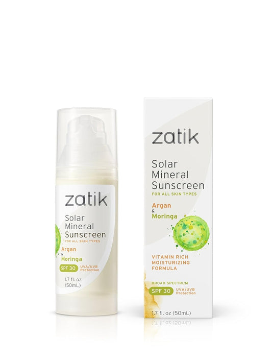 Zatik Naturals - Solar Mineral Sunscreen with Argan and Moringa, Vitamin and Mineral-Based Solar Protection, Vegan, Non-GMO, pH Balanced, FREE from Gluten, Soy, Alcohol. 1.7 fl oz, 50 ml | alldaygood beauty
