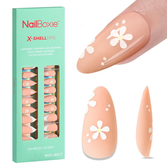 modelones Press on Nails, 150 Pcs French Tip Press on Nails, NailBoxie Brown Almond Shape Nail Tips, Natural Salon Finish Fake Nails, Ideal for Wedding, Party, Daily DIY Nail, 15 Sizes | alldaygood beauty