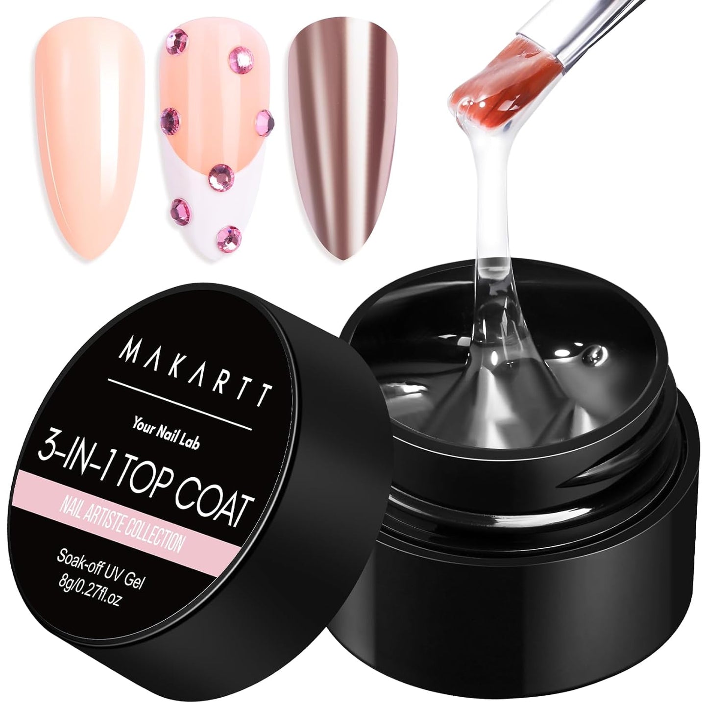 Makartt Hard Gel Top Coat: 3-in-1 Nail Polish Soak-off UV Gel Glossy Finish Long Lasting for Nail Strengthen Nail Charms Rhinestone for Home Salon Manicure Use