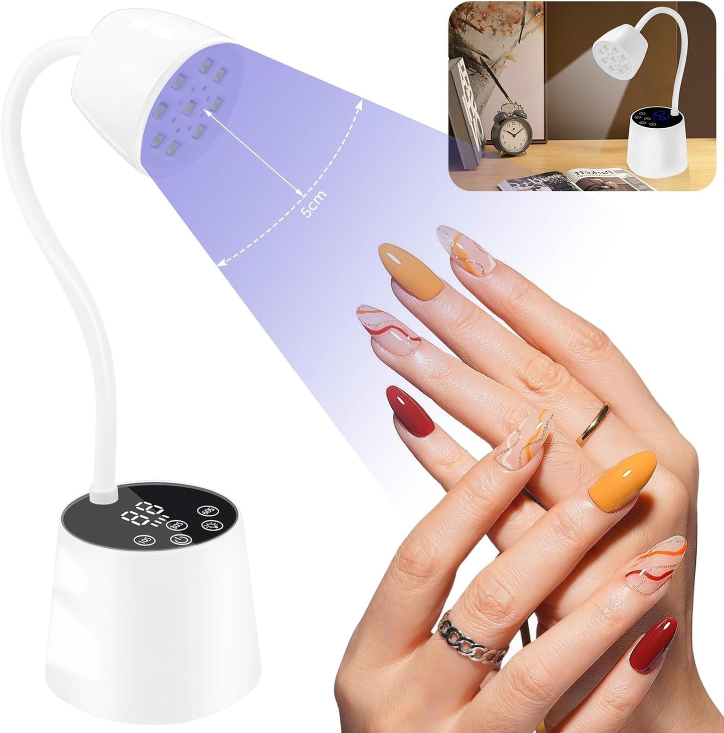 UV LED Nail Lamp - Gooseneck UV Light for Gel Nails Cordless USB 27W Nail Dryer 2 in 1 Gel Lamp and Desk Lamp with 4 Times & Auto Sensor Professional Fast Flash Curing Polish Nail Art(White)