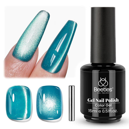 Beetles Blue Cat Eye Gel Polish, 15ML Blue Glass Cat Eye Glitter Gel Polish with Magnet Shimmer Translucent Sheer Color Soak Off UV Tide beam Series French Nail Art Dsign Gift for Women | alldaygood beauty