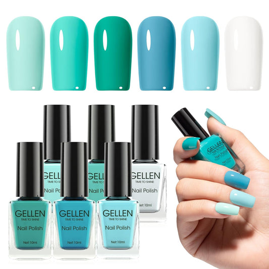 GELLEN Teal Regular Nail Polish Non Gel, Fast Air Drying Mint Turquoise Nail Polish No UV Light Needed Spring Summer 6 Colors Blue Green Set for Women Girls Manicure Home Salon, Hema Free, 0.33 Fl.Oz | alldaygood beauty