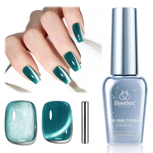 Beetles Green Cat Eye Gel Nail Polish, 9ml Glitter Gel Polish with Magnet Shimmer Green Velvet Soak Off UV LED Nail Lamp Nail Art DIY Home Manicure Design Gift for Women | alldaygood beauty