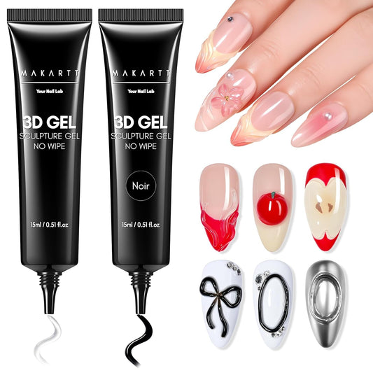 Makartt 3D Gel Nail Art Set – Clear & Noir Sculpting Gel for DIY Embossed Nail Designs – No Wipe Easy-Squeeze Tube Nail Glue for 3D Drawing, Molding, Rhinestones & Decoration (2 x 15g) | alldaygood beauty