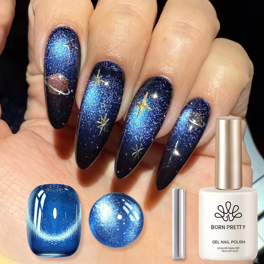 Born Pretty Cat Magnetic Eye Gel Nail Polish, Royal Blue Glitter Cat Magnetic Gel Nail Polish, Holographic Magnetic Nail Polish for Nail Art Manicure Salon DIY at Home 15ML | alldaygood beauty