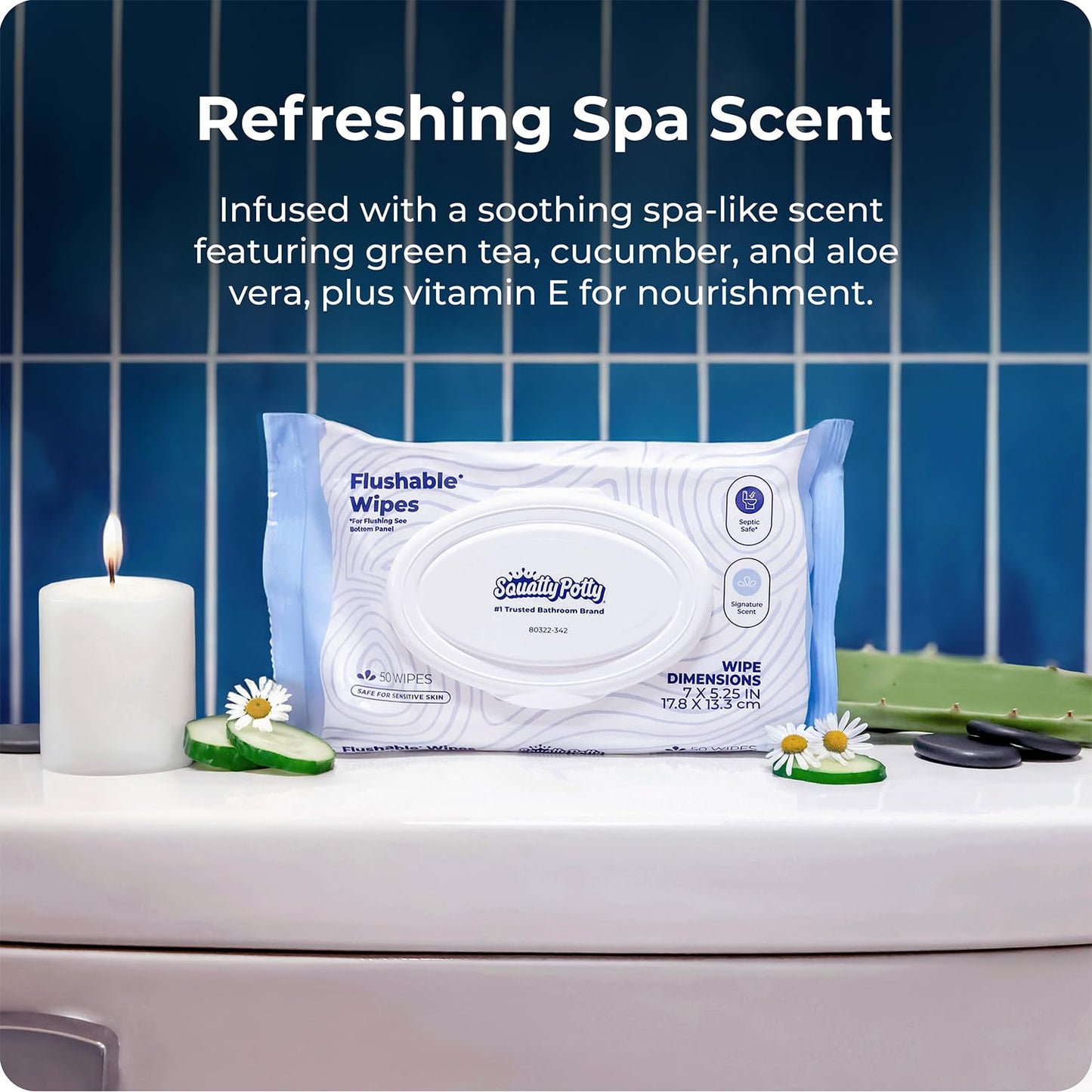 Squatty Potty Flushable Wipes - 3 Pack (150 Total Wipes) - 99% Water & Plant-Based - Green Tea, Cucumber & Aloe Spa Scent - pH Balanced - Septic Safe Adult Wet Wipes