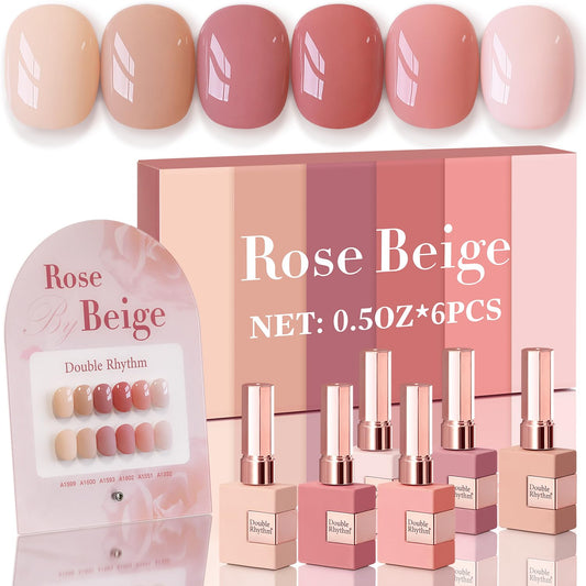 Double Rhythm 6 Pcs 15 ML Gel Polish Set Same Color Same Bottle Soak Off Gel Polish Kit Nail Art Manicure Salon DIY at Home for Women (Rose Beige Nude Cream Rose Coral-T6-20) | alldaygood beauty