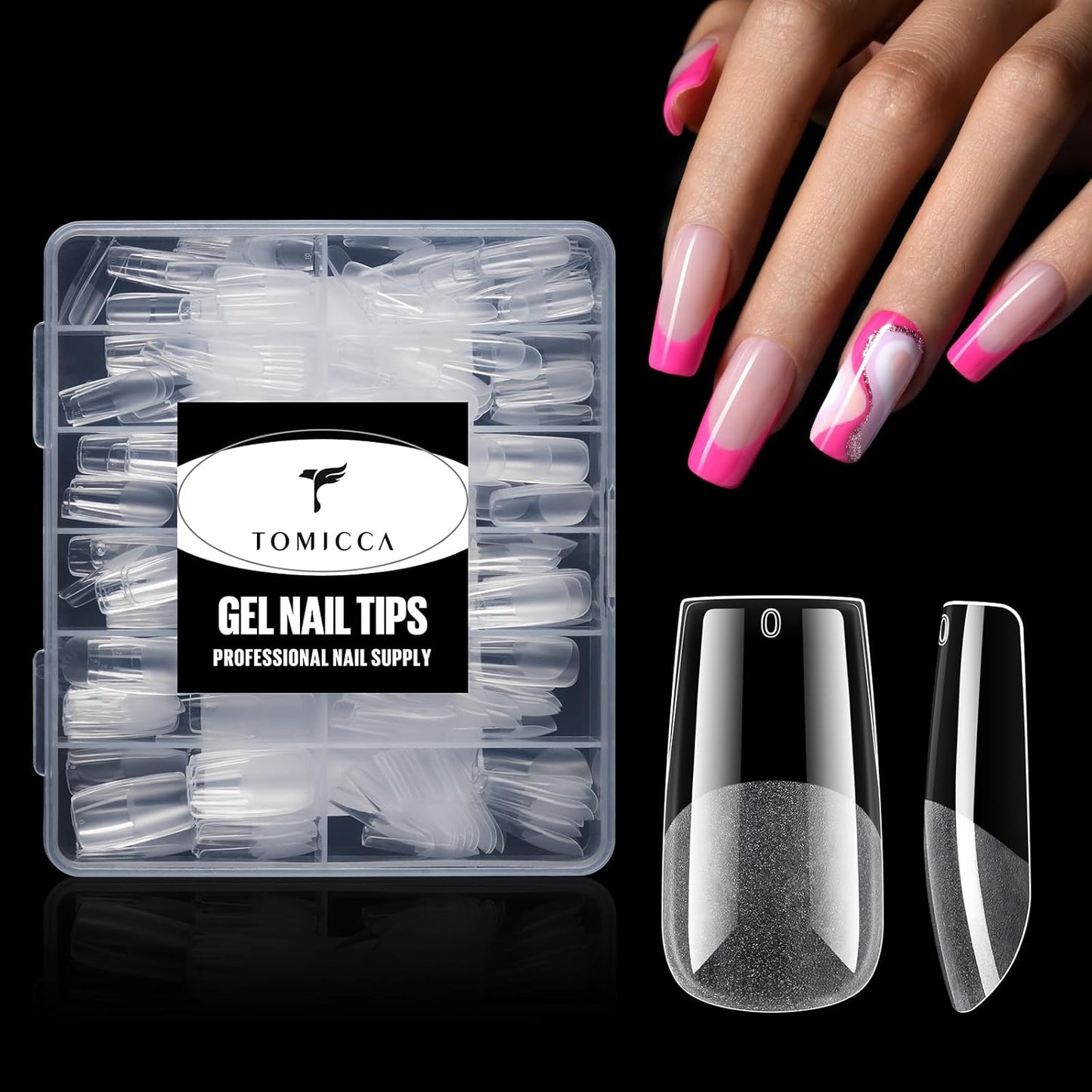 TOMICCA Medium Square Nail Tips Acrylic Nails 240Pcs Acrylic Nail Kit Pre-shape Full Cover Clear Nails Gel Nail Tips for Extension Nail Home DIY, 12 Sizes