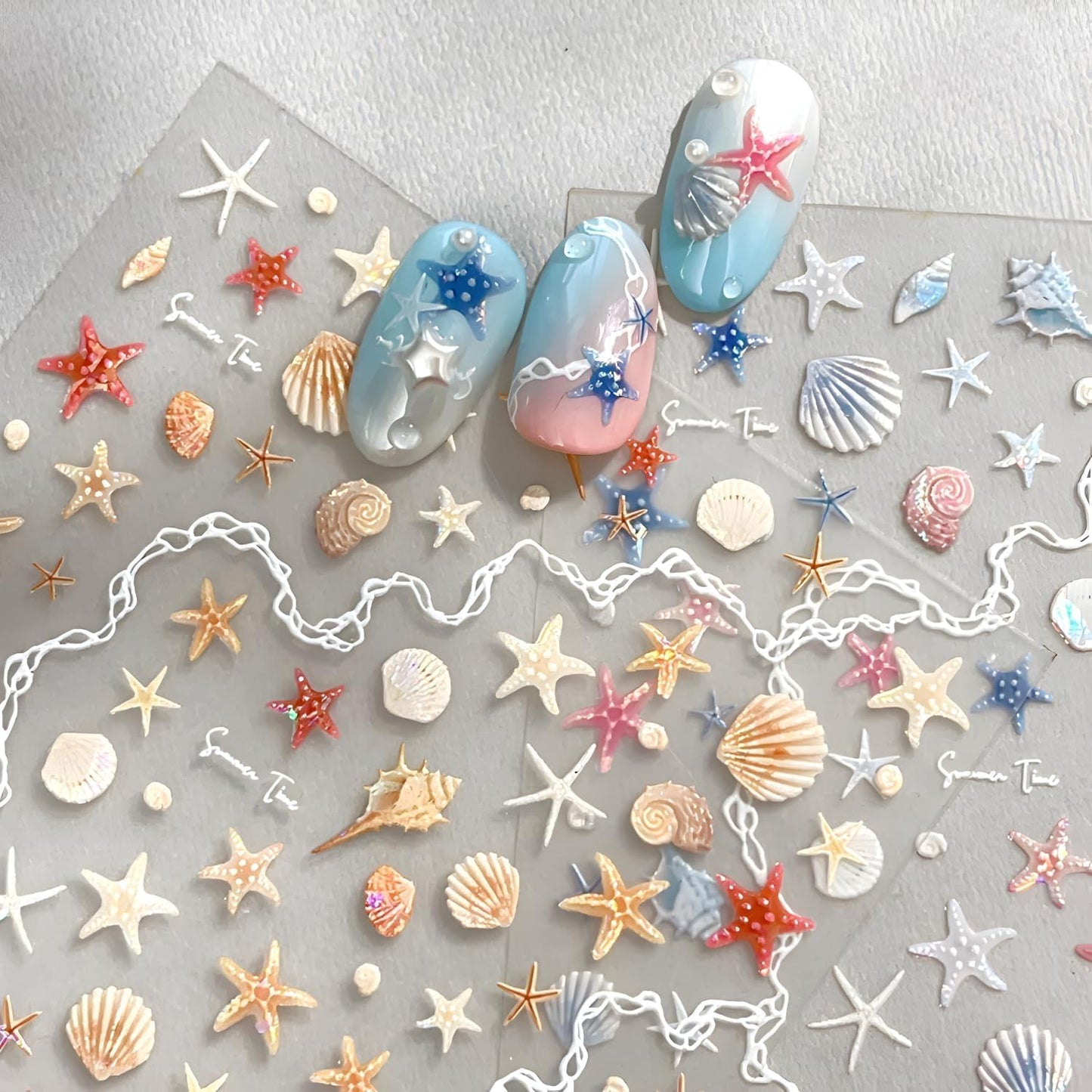 2 Sheets Starfish Nail Stickers for Nail Art 5D Embossed Ocean Nail Decals Summer Nail Stickers Colorful Nail Art Supplies Design Accessories for Women Acrylic Manicure DIY Decoration