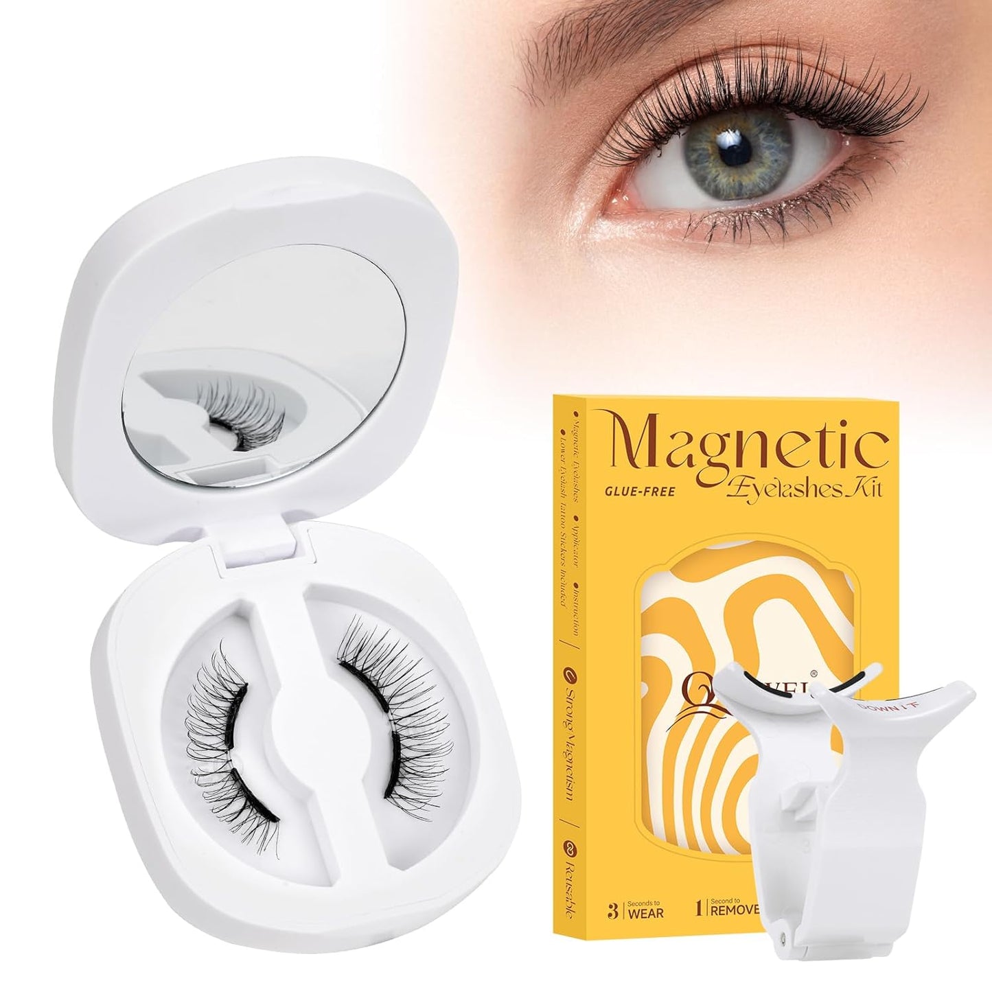 QUEWEL Magnetic Eyelashes, Reusable No Glue Needed Magnetic Eyelashes Kit with Applicator Lash Clusters Kit without Eyeliner So Soft and Easy to Wear and Remove (G-RC-E)