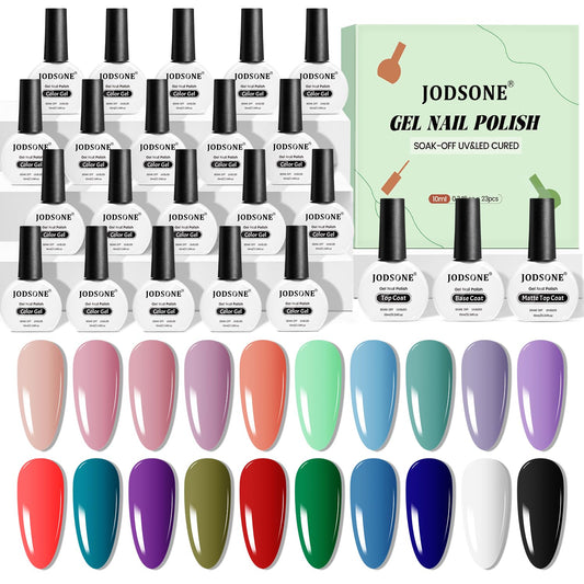 JODSONE Gel Nail Polish 20 Color Blue Red Matching Base Coat Glossy and Matte Top Coat 23 Bottles of 10ml Professional Nail Care Use | alldaygood beauty