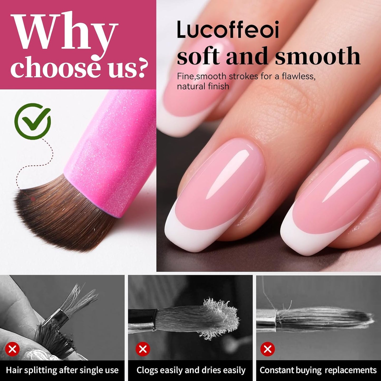 Nail Brush for French Tip, Nail Cleaning Brush for Gel & Acrylic - Professional Kolinsky Sable French Manicure Brush, Thin Nail Art Brush for Precise Clean Up & Polygel Application (Pink, F14)