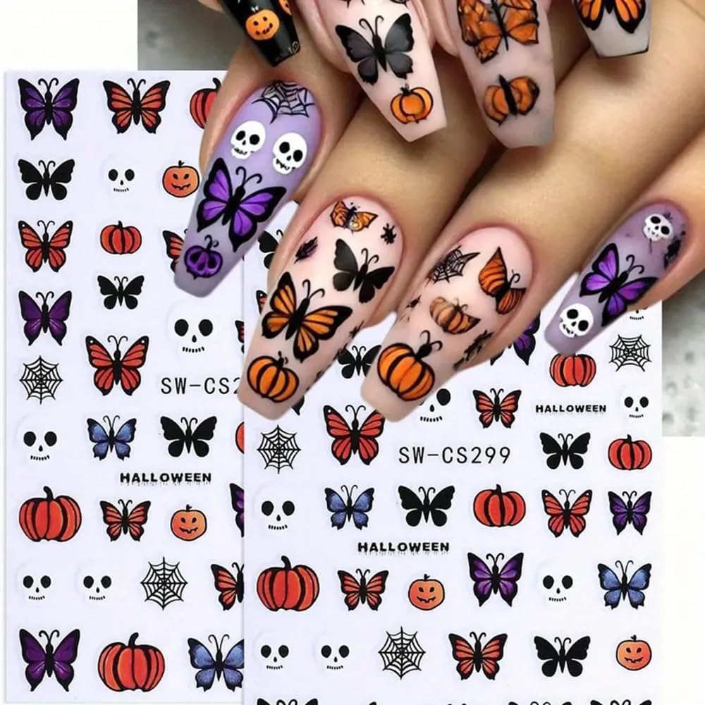 Halloween Nail Art Stickers Ghost Nail Decals 3D Horror Ghost Skull Spider Web Bat Pumpkin Butterfly Self-Adhesive Decals Designs Halloween Nail Supplies for Women Manicure Holiday Decorations 6Sheets