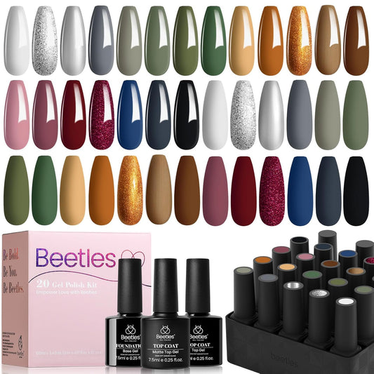 Beetles Winter Gel Nail Polish Set：23 Pcs Burgundy Brown Gold Nude Pink Black White Glitter Gel Polish Kit with Base Matte Glossy Top Coat Soak off UV Gel Nail Polish for Women | alldaygood beauty