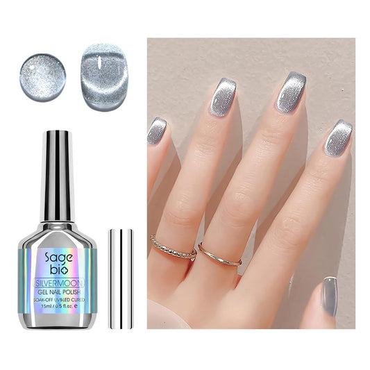 Cat Eye Gel Nail Polish with Magnet Stick, 15ml Glitter Holographic Nail Polish, Magnetic Effect Gel for Home DIY Manicure Gift, Silver Dust | alldaygood beauty