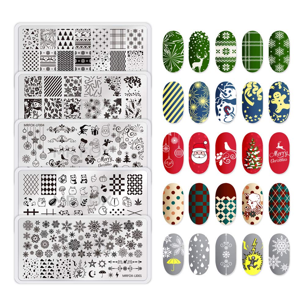 MRFOX Nail Print Board Set Christmas Snow and Lightning Theme Pattern Leaf Nail Art DIY Stamping Template