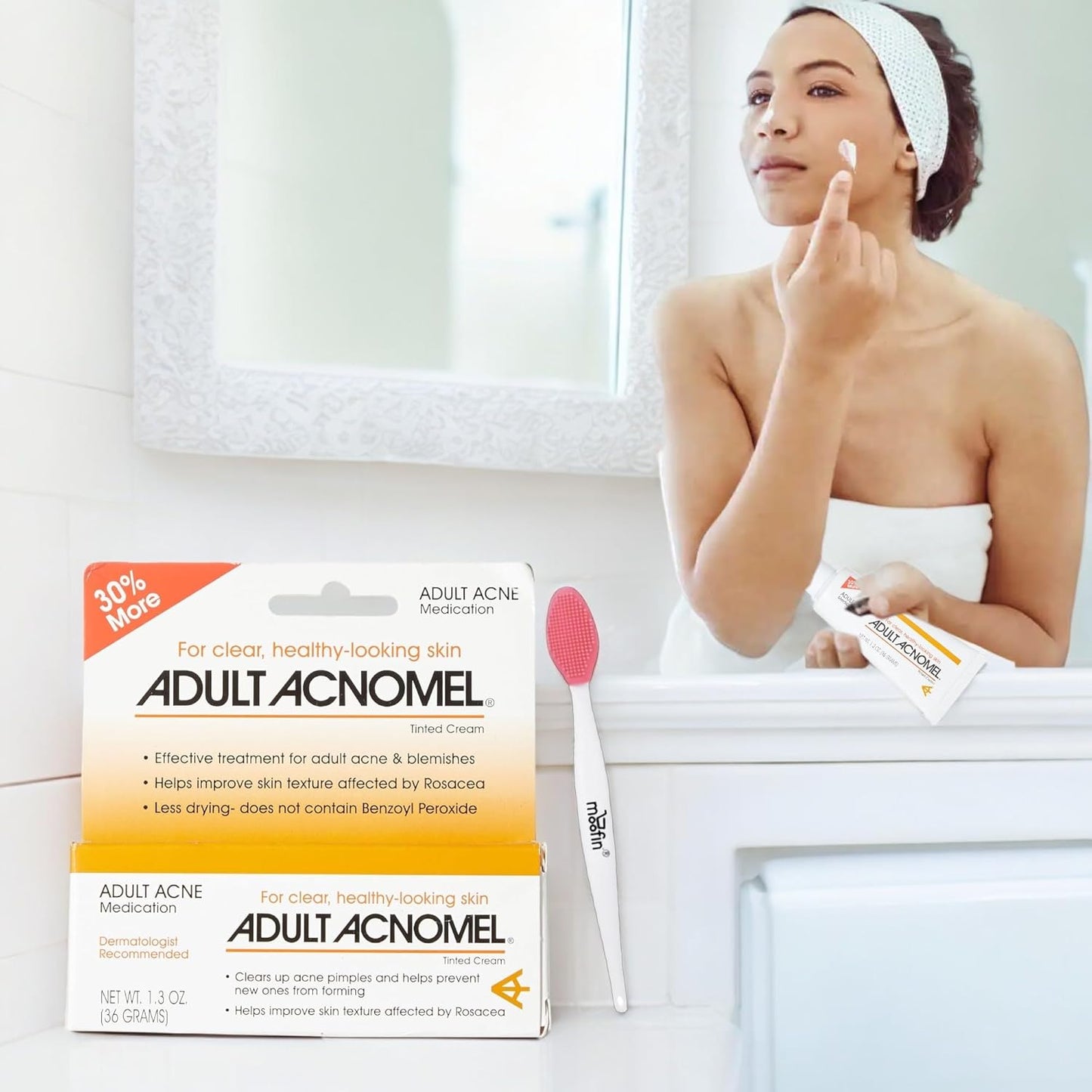 Adult Acnomel Acne Medication Tinted Cream 13 Oz - Acne Spot Treatment Cream Anti Pimple Cream for Men and Women, Clears Breakouts, Soothes Sensitive Skin Nose Cleaning Brush [Pack of 4