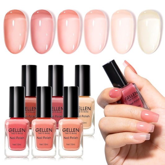 GELLEN Clear Pink Nail Polish, Sheer Pink Jelly Natural Regular Nail Polish Quick Dry Summer 6 Light Colors Set for Acrylic Natural Nails Home Salon, Chip Resistant, Non UV Gel, Hema Free, Non Toxic | alldaygood beauty