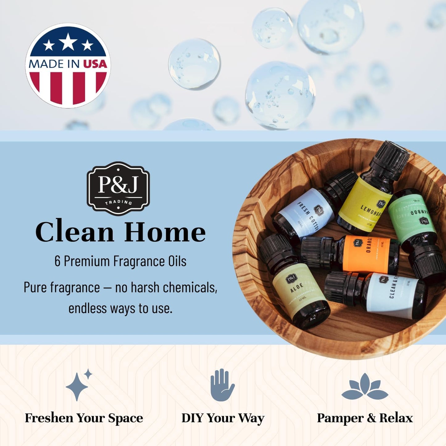 P&J Fragrance Oil Clean Home Set | Lemongrass, Fresh Cotton, Clean & Fresh, Aloe, Bamboo, Orange Candle Scents for Candle Making, Freshie Scent, Soap Making Supplies, Diffuser Oil Scents