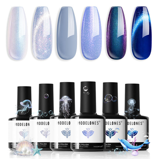 modelones Gel Nail Polish Set, 6 Colors Fall Winter Icy Blue Collection Glitter Gel Polish Galaxy White Dark Blue 9D Cat Eye Nail Polish with Magnet Soak Off Led Nail Art Kit Salon DIY Gift | alldaygood beauty