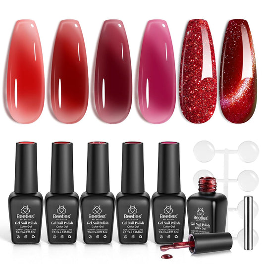 Beetles Red Gel Nail Polish Set, 6 Colors Cat Eye Glitter Burgundy Bright Jelly Nail Polish Set with Magnet, Soak Off LED Lamp DIY Salon at Home Manicure Gifts for Women Red Revival | alldaygood beauty