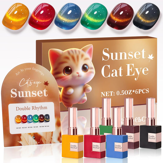 Double Rhythm Cat Eye Gel Nail Polish Set of 6 Same Color Same Bottle 0.5 Oz Shimmer Glitter with Magnet Holographic Reflective Magnetic UV Polish Kit (Golden Black Brown Red Blue Green-T6-33) | alldaygood beauty