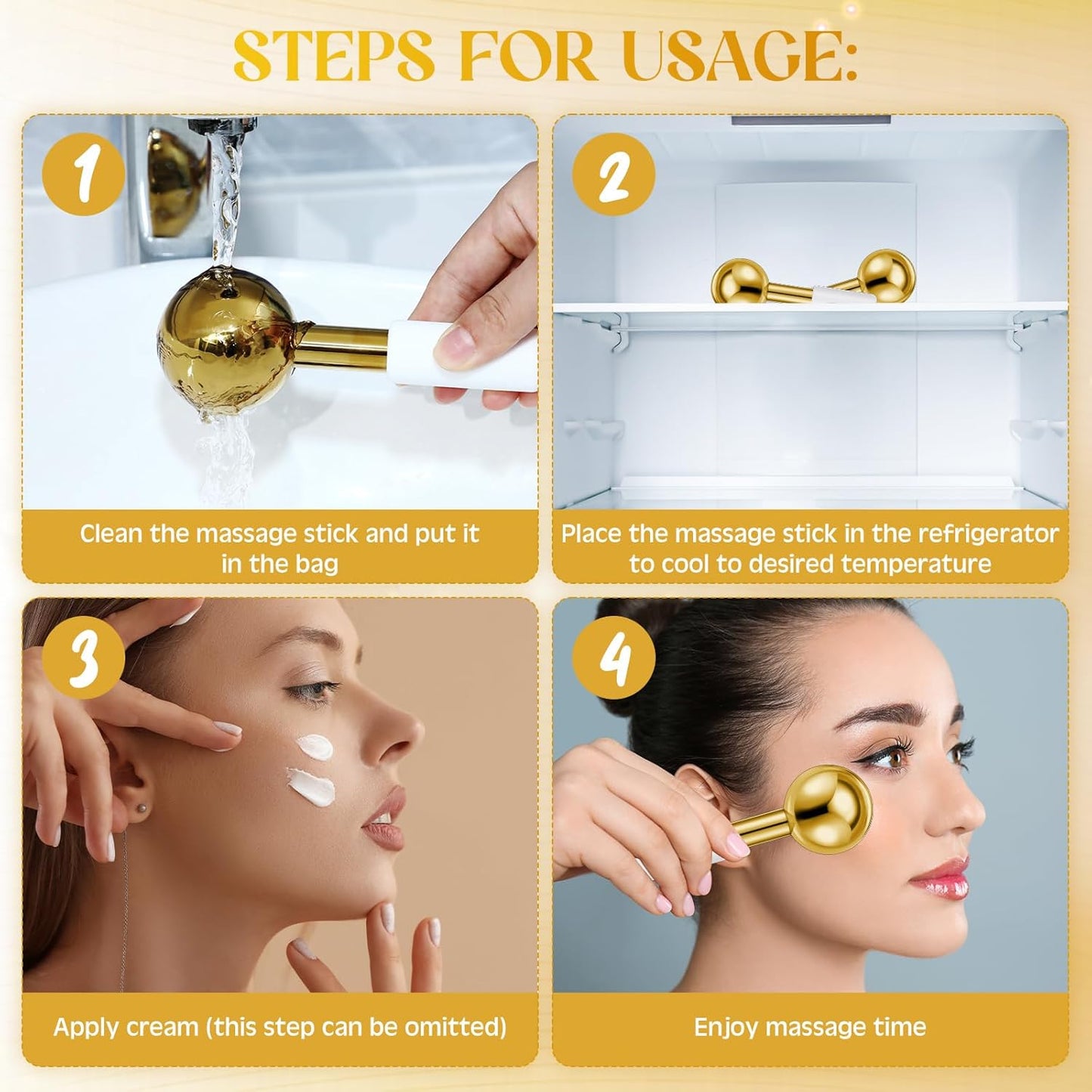 Baderke 2 Pcs Ice Globes for Face Stainless Steel Cooling Globes Unbreakable Cooling Roller Women Ice Balls Cryo Sticks Face Skin Care for Dark Circles, Puffiness(Gold (white Handle))