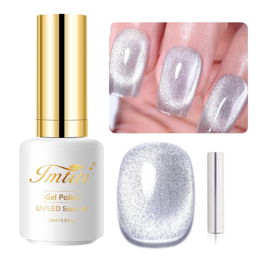 Imtiti Silver Cat Eye Gel Polish,0.5 fl.oz Holographic 9D Glitter Magnetic Soak Off UV LED Gel Nail Polish with Magnetic Stick for Nail Salon | alldaygood beauty