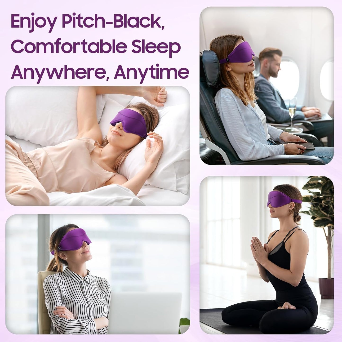 Sleep Mask - Total Blackout 3D Sleeping Mask, Super Lightweight & Silky Soft Eye Mask for Sleeping, Fully Adjustable Fit for Home, Office, Traveling, Meditation, Yoga, Purple