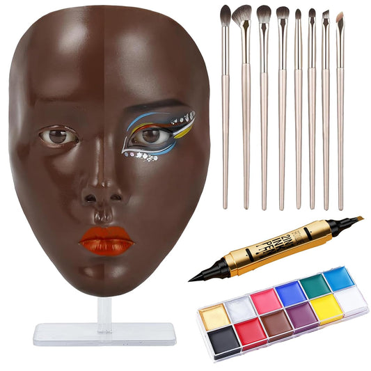 5D Makeup Practice Face Board, Makeup Practice Accessories Set with Face Painting Mannequin Head, Makeup Brushes, Face Painting and 2-in-1 Dual-Ended Eyebrow Pen, Makeup Practice Gift, Dark Brown