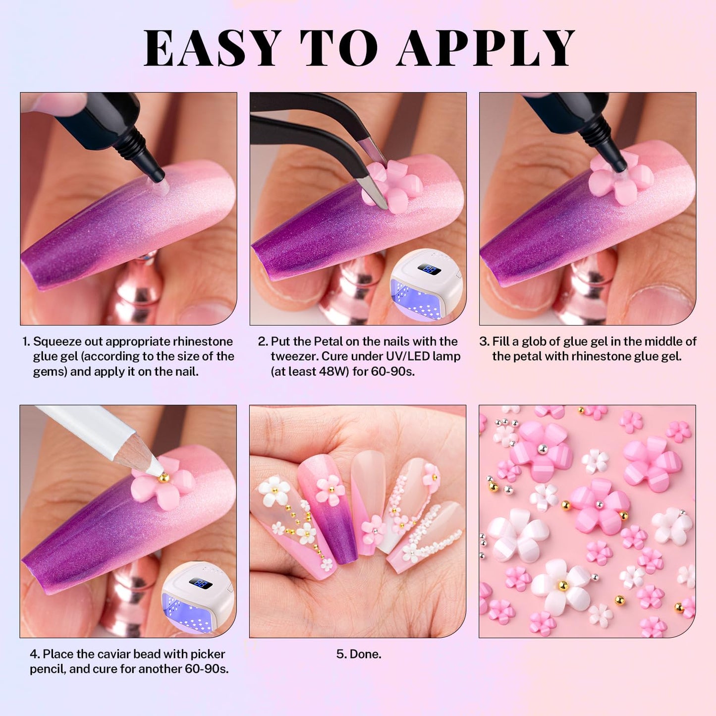 3D Flowers, Manicure Kit with Gel Glue, Colorful Acrylic Flower Nail Charms & Caviar Beads, Rhinestones & Gem Glue (UV/LED Needed) with Pickup & Dotting Tools