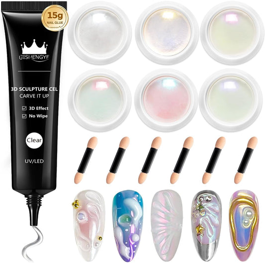 White Chrome Nail Powder - 15g No Wipe 3D Nail Gel Pink Pearl Nail Chrome Powder Non-Sticky Clear 3D Sculpting Gel Hard Gel Carving Gel for Nail Art Home DIY