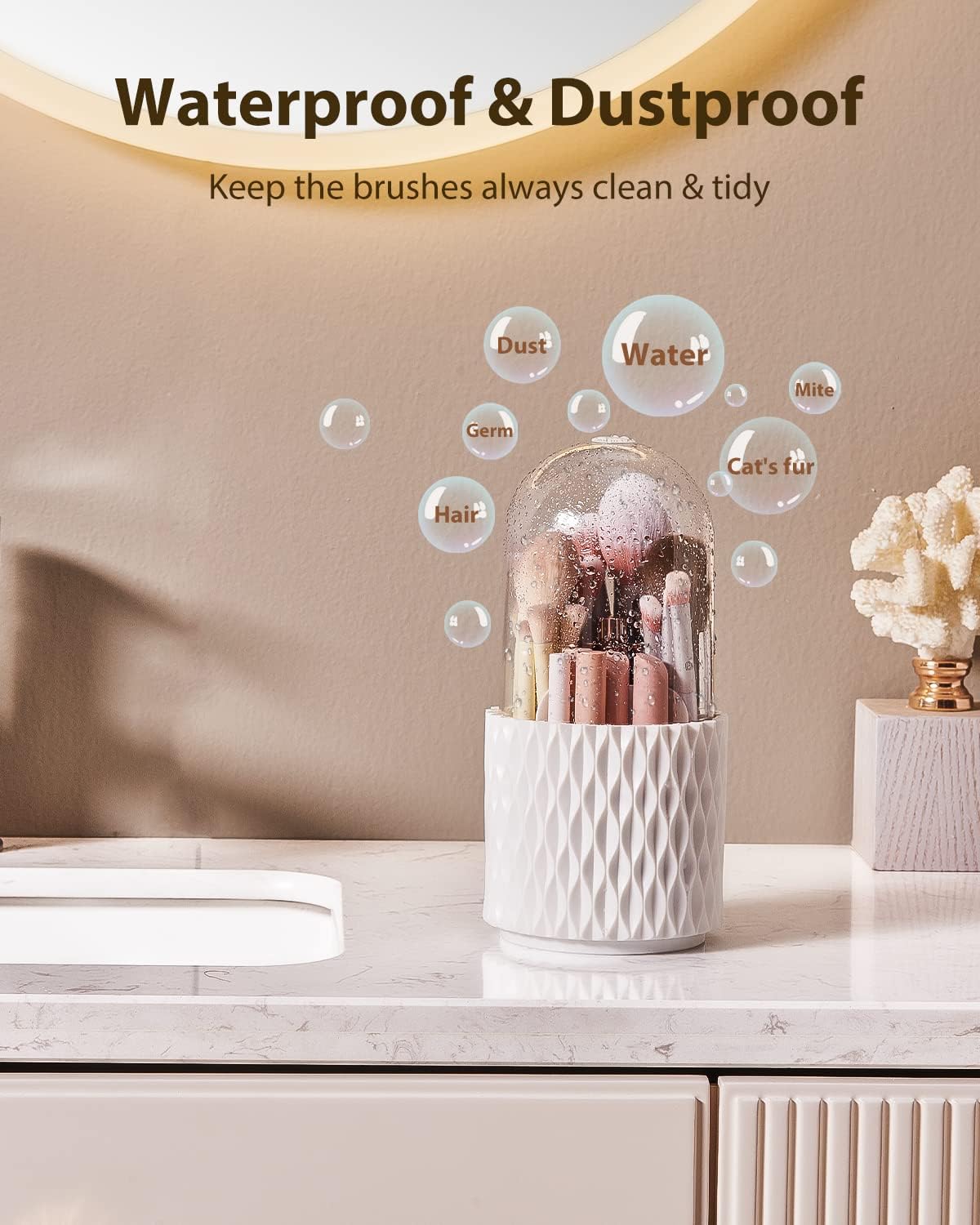 [Upgrade] Rotating Makeup Brush Holder, [Dustproof & Waterproof] 360 Rotating Cosmetics Make up Brush Organizer Storage with Lid for Vanity