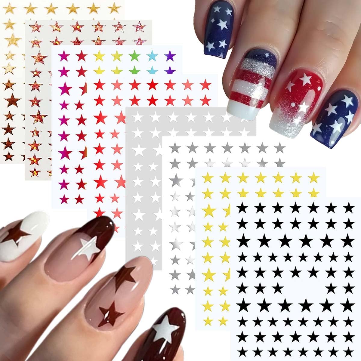 8Sheets Star Nail Stickers Gold Nail Art Stickers 3D Self Adhesive Nail Decals Silver White Gold Black Nail Art Decals Holographic Nails Design for Women Girls Nails Art Accessories DIY Manicure