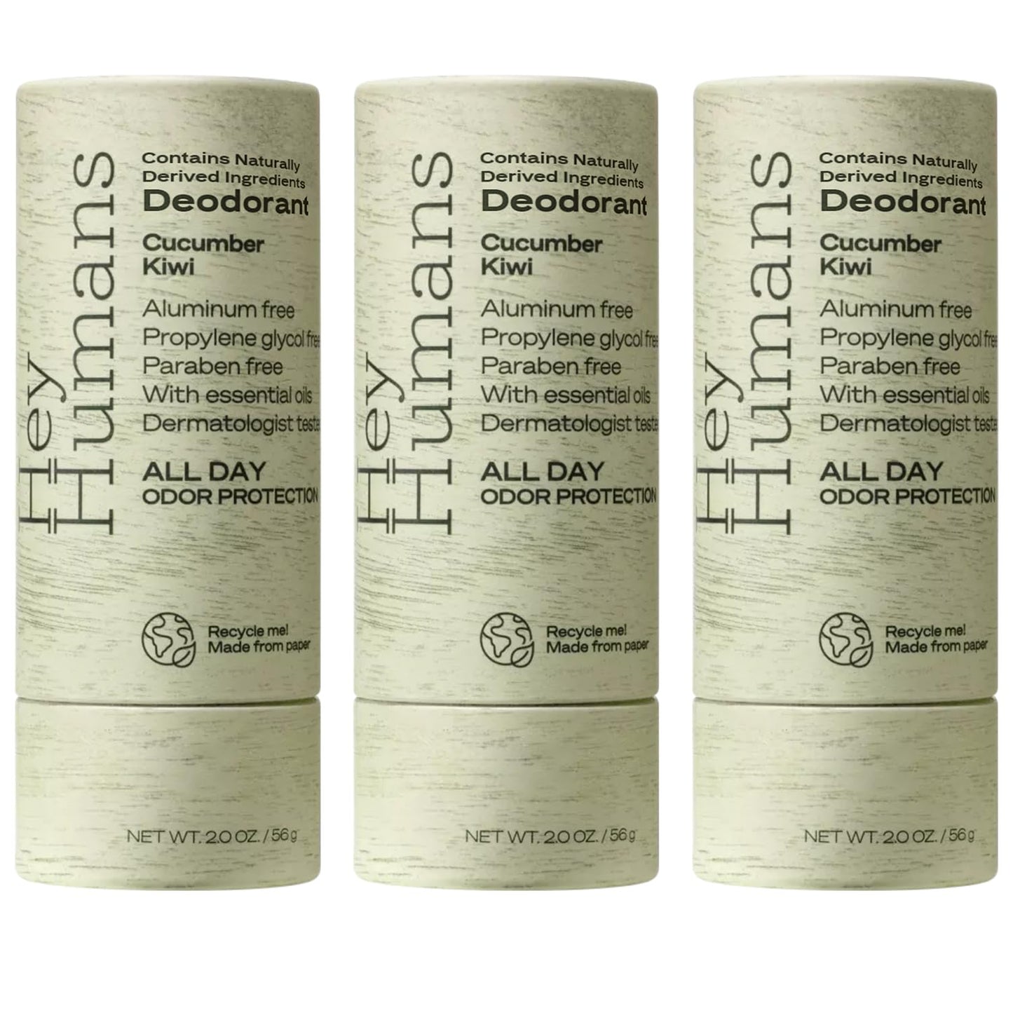 Hey Humans Deodorant, Aluminum Free Deodorant for Women and Men, Contains Naturally Derived Ingredients, All Day Odor Control, Refreshing Essential Oils, Earth Friendly Package, Cucumber Kiwi