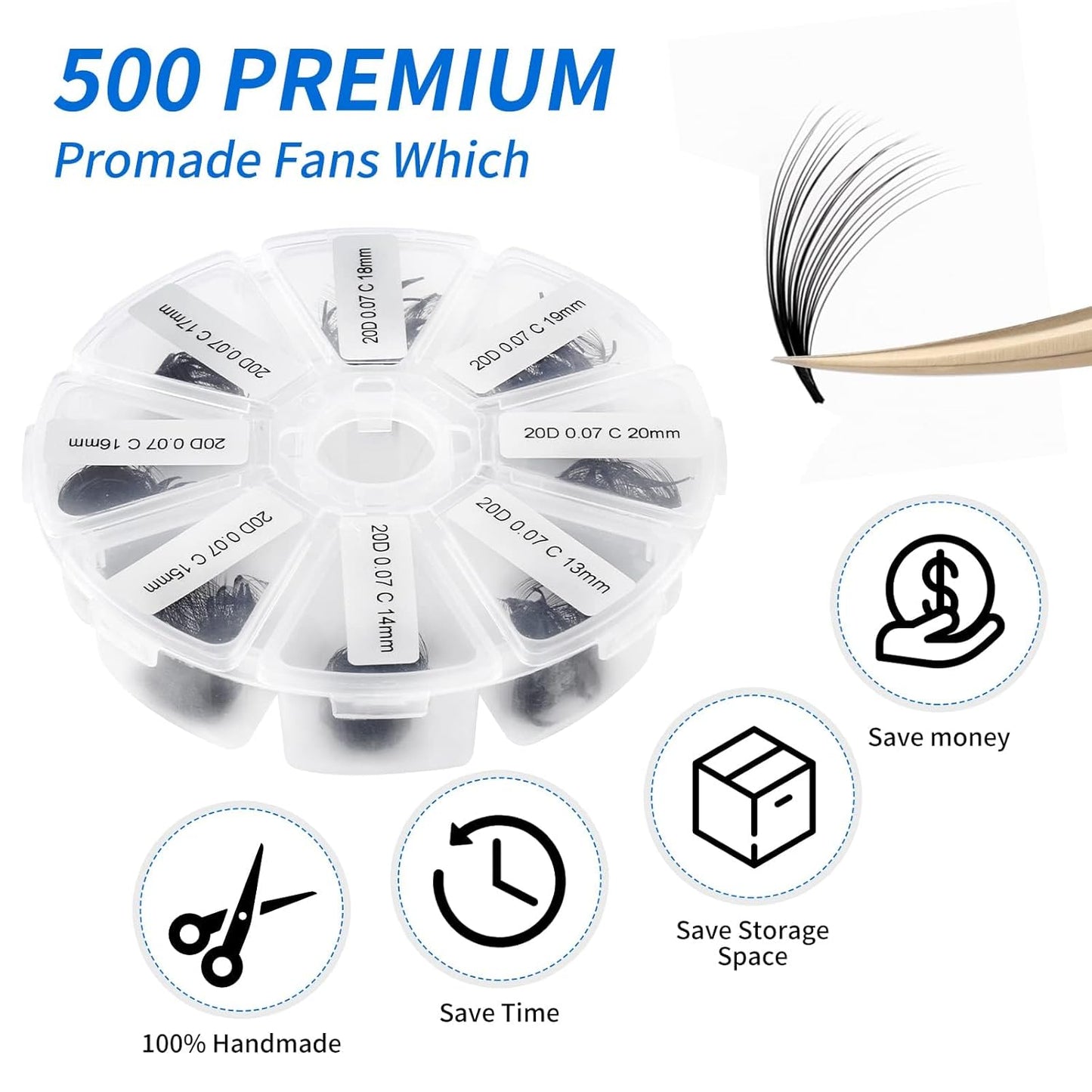 Premade Fans for Eyelash Extension: 20D, Wendy Lashes, Handmade Fans, Pre-made, For Lash-Artists, D, 9-16mm