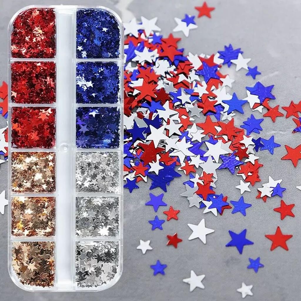 Star Glitter Nail Sequins, 3 Boxes Holographic Star Nail Art Flakes Red Blue Glitter Sticker Decals Independence Day Nail Sequins Manicure DIY 4th July Decorations 36 Styles
