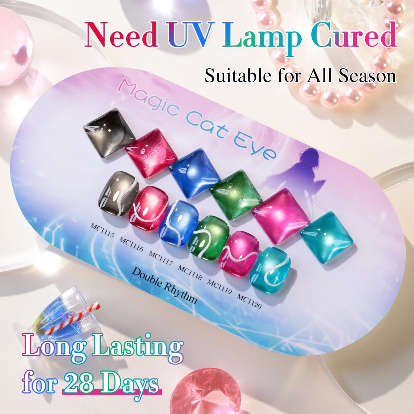 Double Rhythm Cat Eye Gel Nail Polish Set of 6 Same Color Same Bottle 0.5 Oz Shimmer Glitter with Magnet Holographic Reflective Magnetic UV Polish Kit at Home (Black Red Green Navy-T6-44)